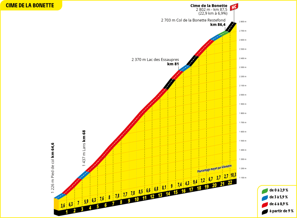 2024ツール・ド・フランス第19ステージの超級山岳CIME DE LA BONETTEのコースプロフィール